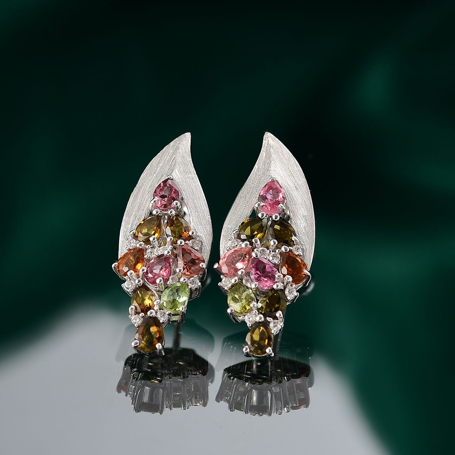 Aurora-Knospen-Mehrfarbig-Turmalin, Weißer Zirkon Ohrringe 925 Silber rhodiniert ca. 2,89 ct.