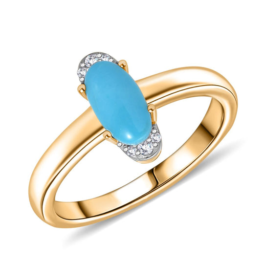 AA Sleeping Beauty Türkis, Weißer Zirkon Ring 925 Silber 750 Gelb Vergoldet (Größe 19.00) ca. 0,62 ct