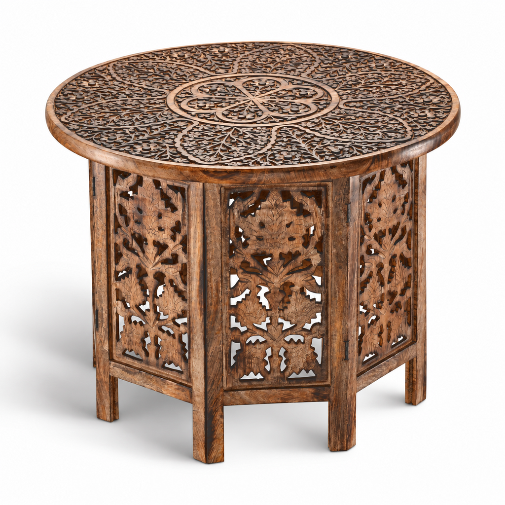 NAKKASHI Tisch Mangoholz handgeschnitzt sechseckig 68x68x49cm, Burnt-Finish