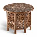 NAKKASHI Tisch Mangoholz handgeschnitzt sechseckig 68x68x49cm, Burnt-Finish