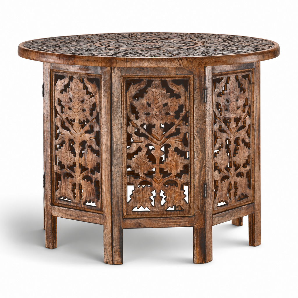 NAKKASHI Tisch Mangoholz handgeschnitzt sechseckig 68x68x49cm, Burnt-Finish