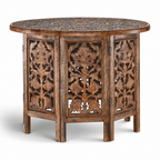 NAKKASHI Tisch Mangoholz handgeschnitzt sechseckig 68x68x49cm, Burnt-Finish