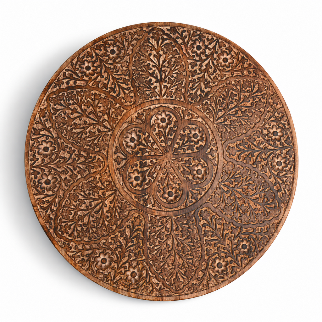 NAKKASHI Tisch Mangoholz handgeschnitzt sechseckig 68x68x49cm, Burnt-Finish