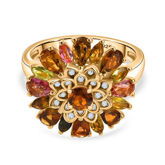 Mosaik der Natur - Mehrfarbiger-Turmalin Ring 925 Silber 750 Gelbgold Vermeil (Größe 20.00) ca. 2.60 ct