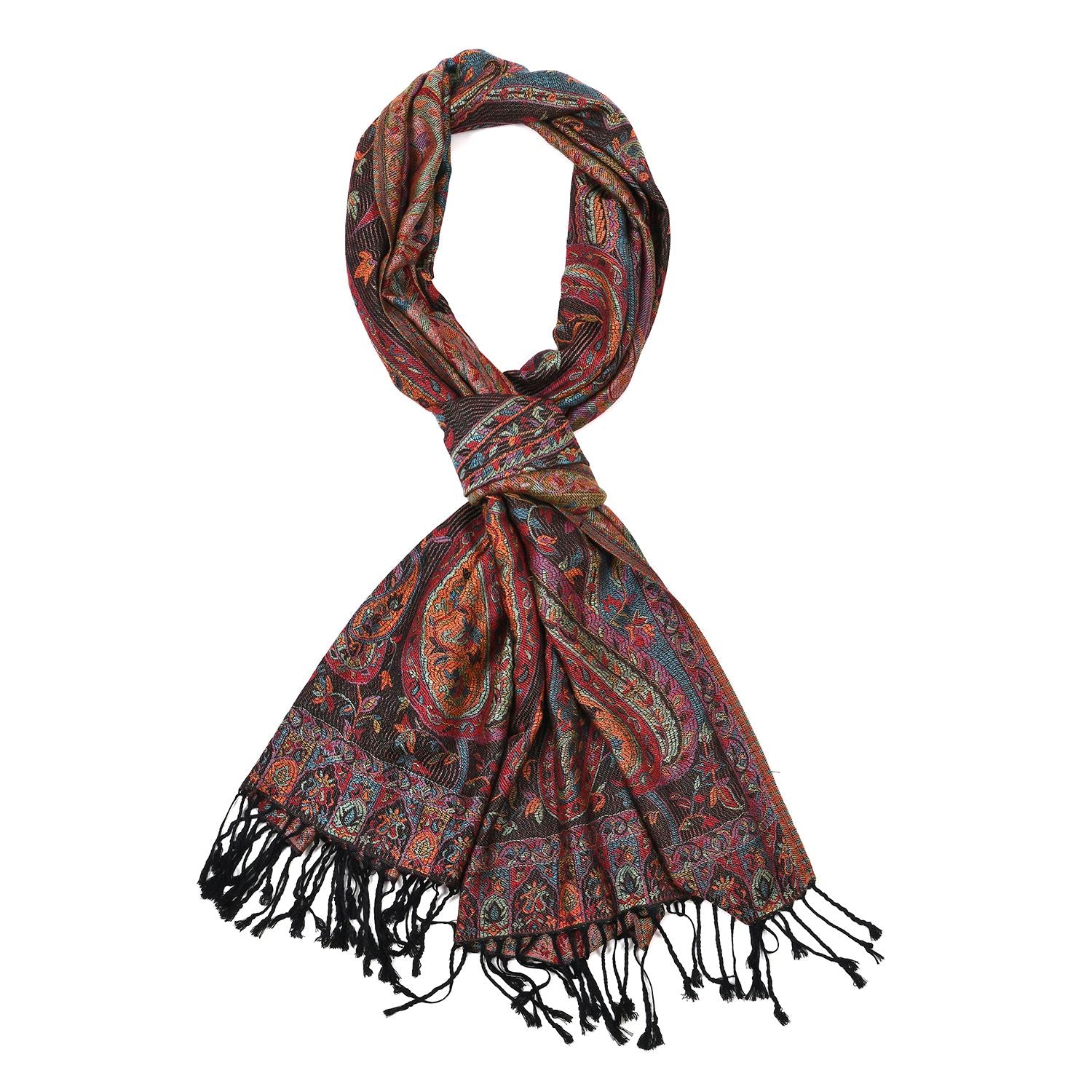 Jacquard gewebter Schal mit Paisley Muster und Fransen, 100% hautfreundliche Viskose, 70x180 cm, Braun