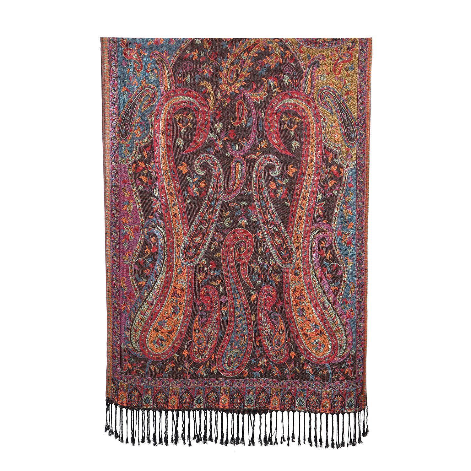 Jacquard gewebter Schal mit Paisley Muster und Fransen, 100% hautfreundliche Viskose, 70x180 cm, Braun