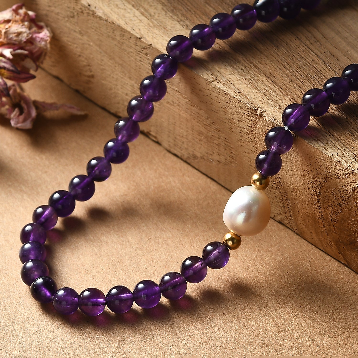 Afrikanischer Amethyst, Weiße Barockperle Halskette ca. 45 cm, Nickelfreies Messing gelb vergoldet