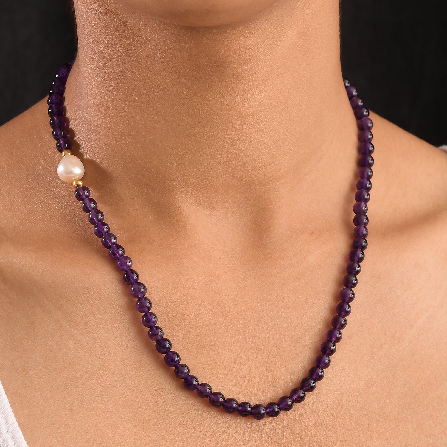Afrikanischer Amethyst, Weiße Barockperle Halskette ca. 45 cm, Nickelfreies Messing gelb vergoldet