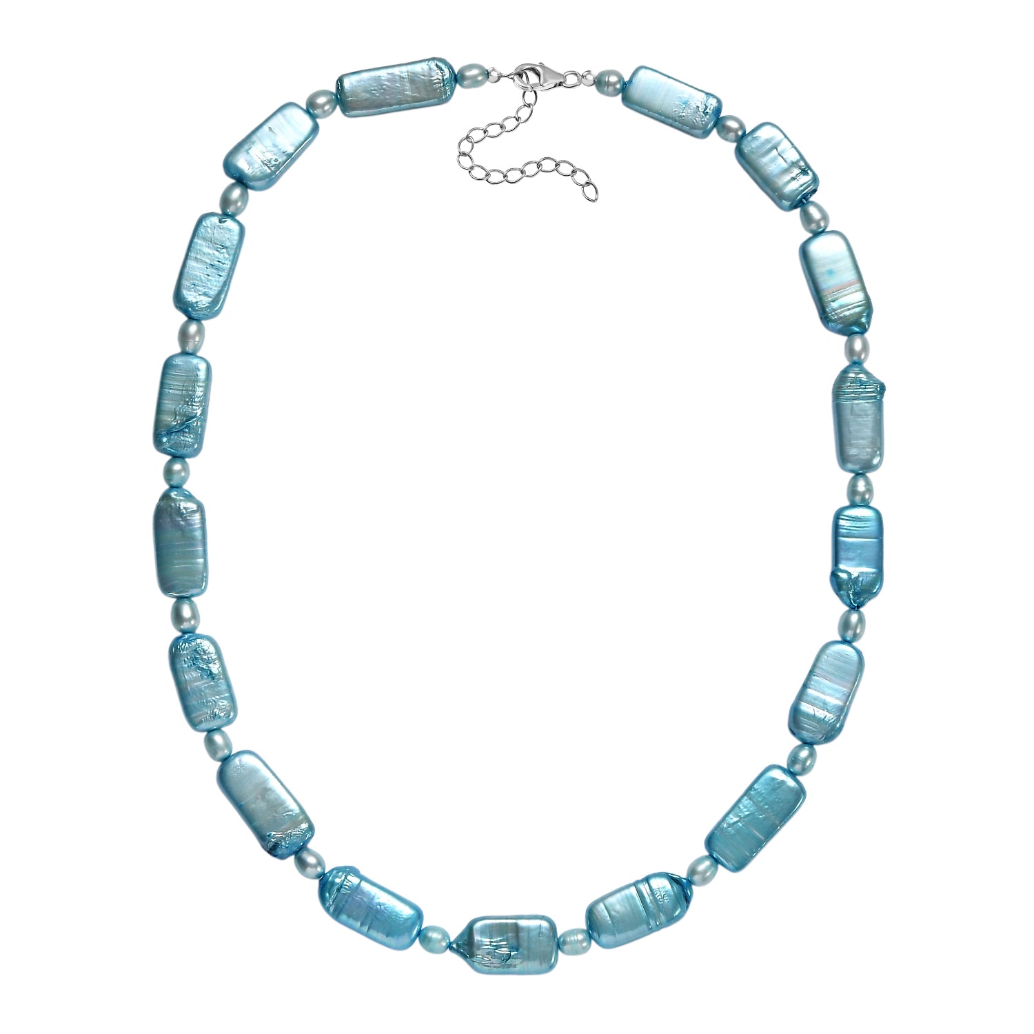 Gefärbte Süßwasserzuchtperlen Halskette, Ovalform, ca. 45 cm, 925 Silber rhodiniert, blau