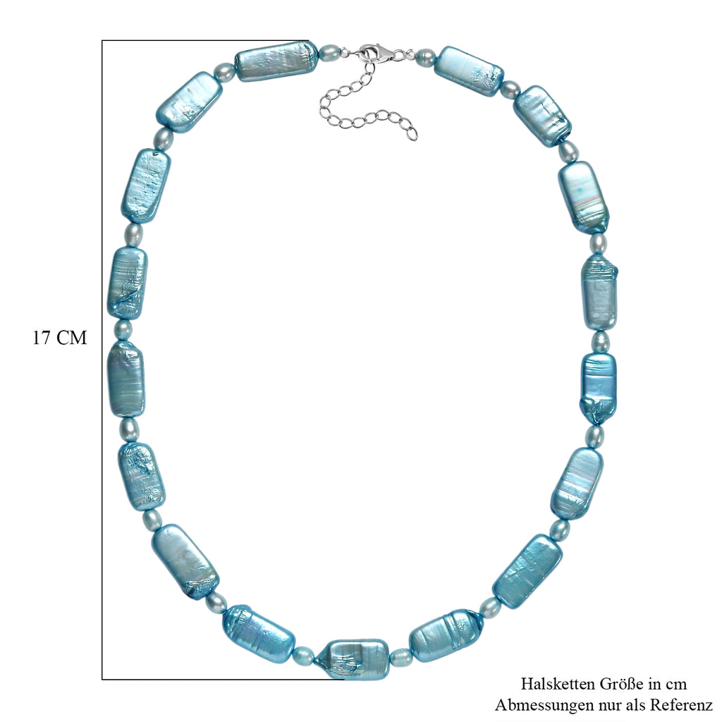 Gefärbte Süßwasserzuchtperlen Halskette, Ovalform, ca. 45 cm, 925 Silber rhodiniert, blau
