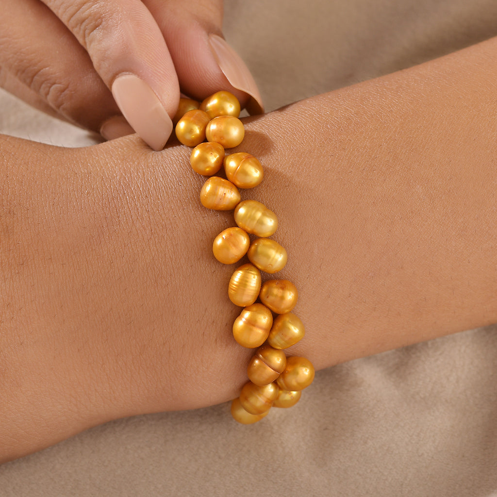 Gefärbtes Gelbes Süßwasser Armband,ca. 19 cm + 5cm extender, Edelstahl