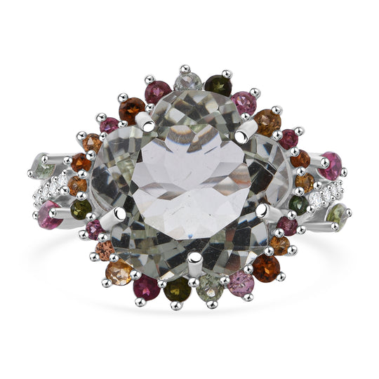 AA Prasiolite, Mehrfarbig-Turmalin Ring 925 Silber rhodiniert (Größe 17.00) ca. 11,38 ct