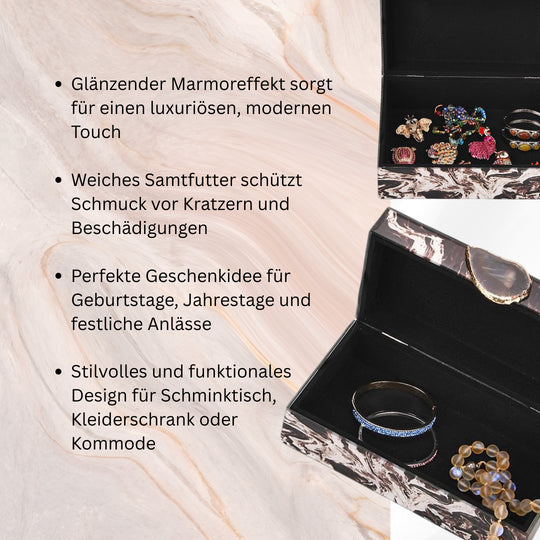 Set aus 2 Schmuckkästchen mit Marmor-Design aus Glas, Samtfutter, ca. 28 x 18 x 10 cm und 21 x 12 x 7 cm, Braun Schwarz-Marmor