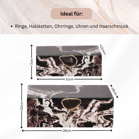 Set aus 2 Schmuckkästchen mit Marmor-Design aus Glas, Samtfutter, ca. 28 x 18 x 10 cm und 21 x 12 x 7 cm, Braun Schwarz-Marmor