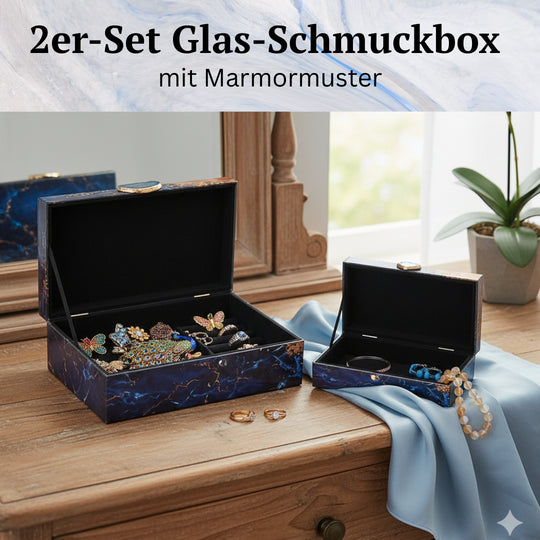 Set aus 2 Schmuckkästchen mit Marmor-Design aus Glas, Samtfutter, ca. 28 x 18 x 10 cm und 21 x 12 x 7 cm, Braun Schwarz-Marmor