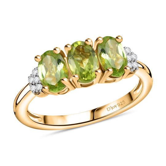 Natürlicher Peridot, Weißer Zirkon Ring 925 Silber vergoldet ca. 1.55 ct