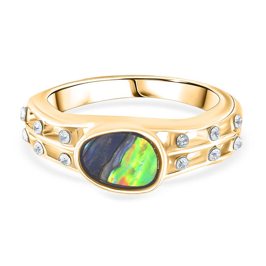 Abalone Muschel, Weißer Kristall Ring, goldfarben (Größe 17.75)