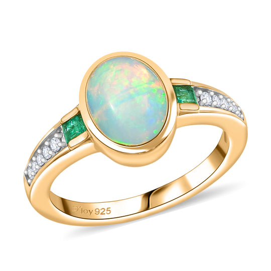 D'joy natürlicher, äthiopischer Welo Opal, Smaragd und Zirkon Ring, 925 Silber vergoldet - 1,44 ct.