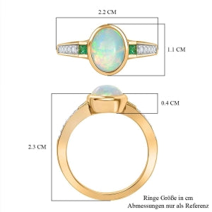 D'joy Natürlicher, äthiopischer Welo Opal, Smaragd Ring 925 Silber vergoldet (Größe 16.00) ca. 1.44 ct