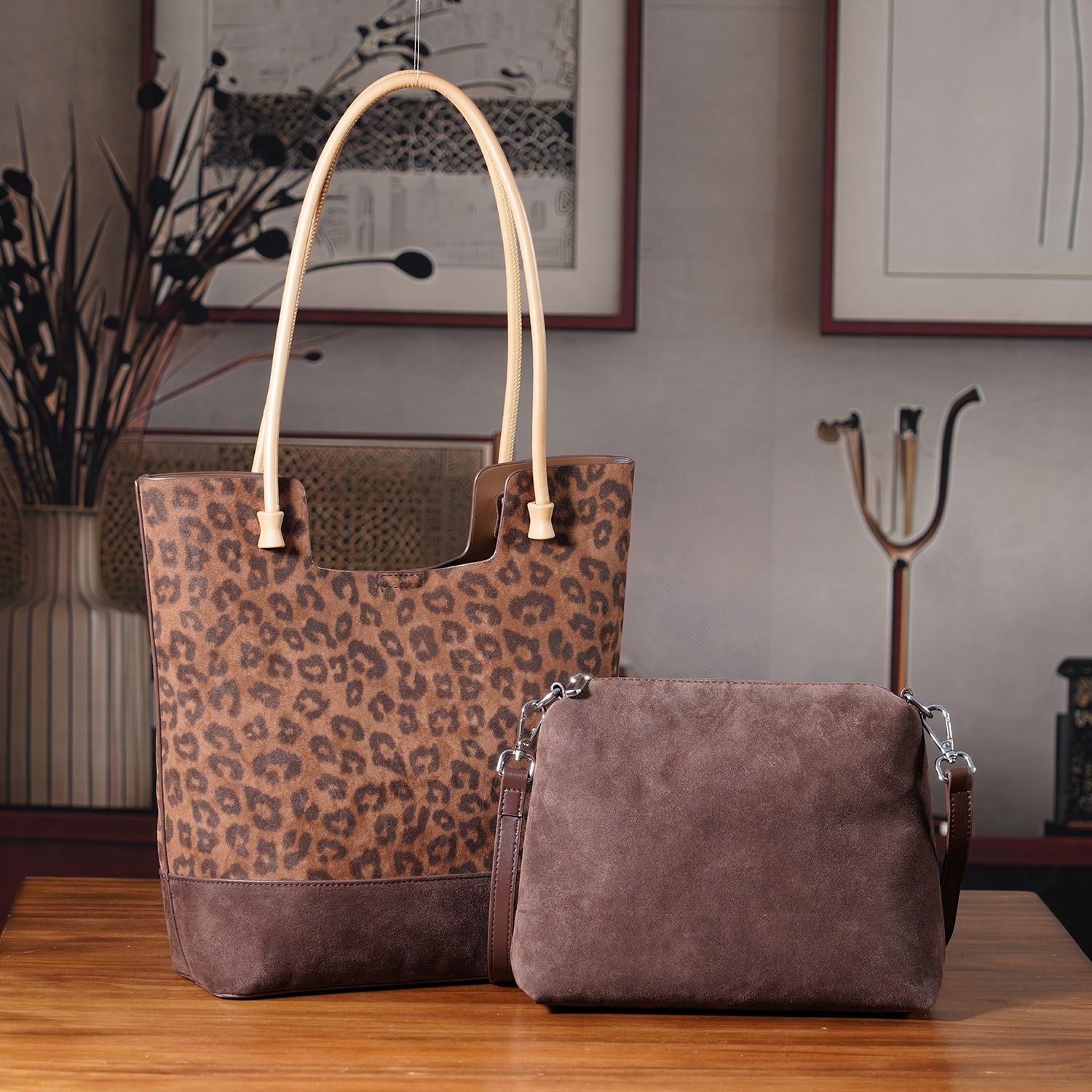 2er-Set Echtleder-Taschen, Shopper und Umhängetasche mit trendigem Leopardenmuster, Dunkelbraun