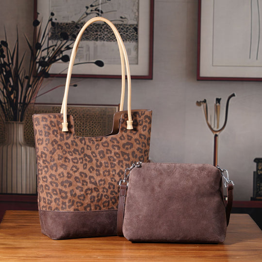 2er-Set Echtleder-Taschen, Shopper und Umhängetasche mit trendigem Leopardenmuster, Dunkelbraun