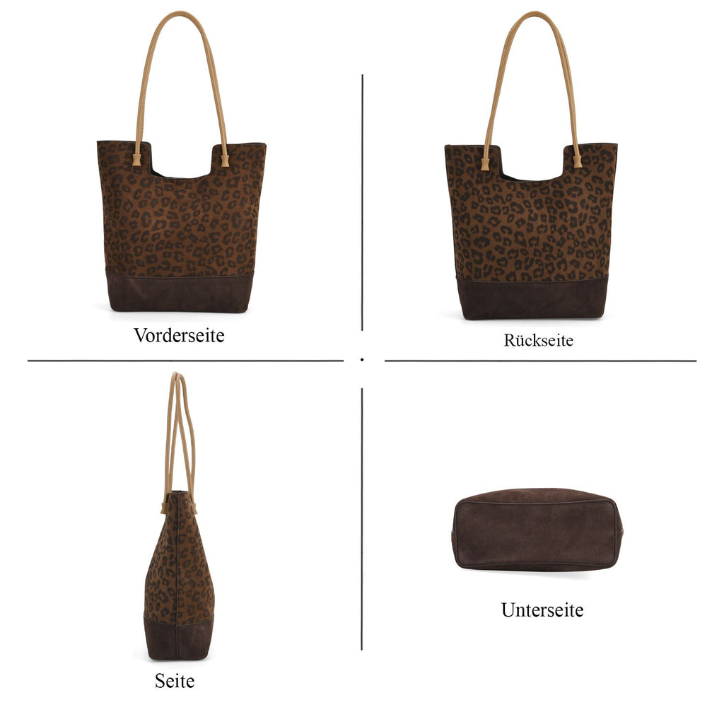 2er-Set Echtleder-Taschen, Shopper und Umhängetasche mit trendigem Leopardenmuster, Dunkelbraun