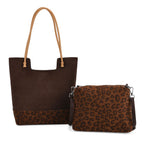 2er-Set Echtleder-Taschen, Shopper und Umhängetasche mit Leopardenmuster und unifarbenem Kontrast, Dunkelkaffee