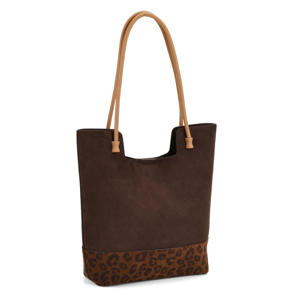2er-Set Echtleder-Taschen, Shopper und Umhängetasche mit Leopardenmuster und unifarbenem Kontrast, Dunkelkaffee