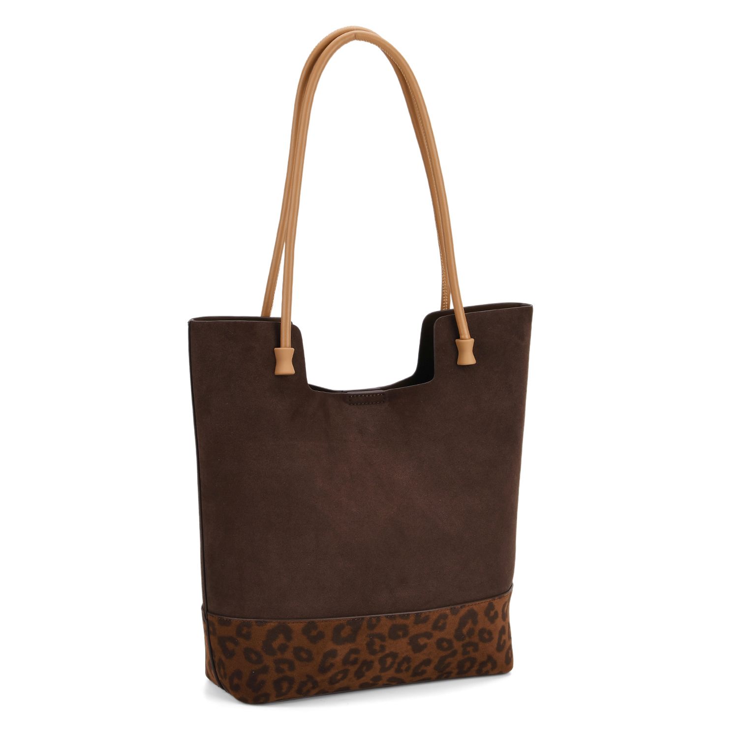 2er-Set Echtleder-Taschen, Shopper und Umhängetasche mit Leopardenmuster und unifarbenem Kontrast, Dunkelkaffee