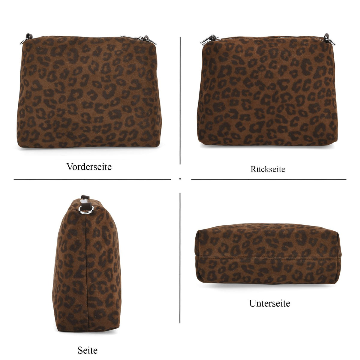 2er-Set Echtleder-Taschen, Shopper und Umhängetasche mit Leopardenmuster und unifarbenem Kontrast, Dunkelkaffee
