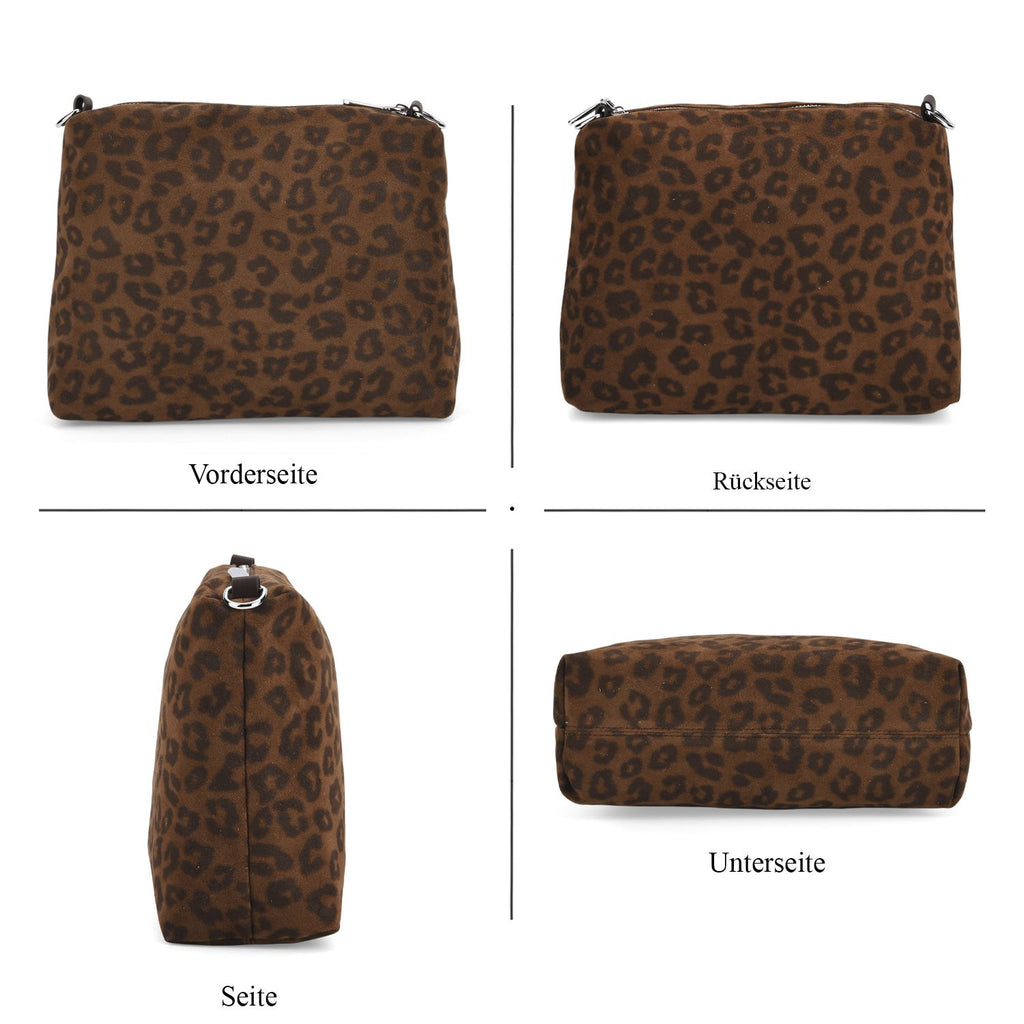 2er-Set Echtleder-Taschen, Shopper und Umhängetasche mit Leopardenmuster und unifarbenem Kontrast, Dunkelkaffee