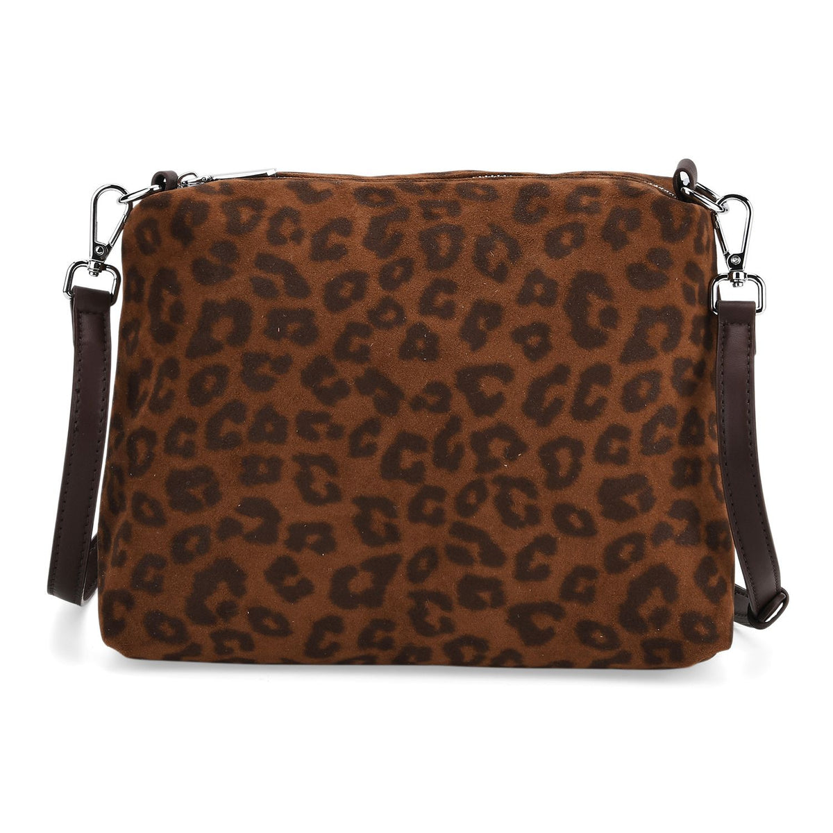 2er-Set Echtleder-Taschen, Shopper und Umhängetasche mit Leopardenmuster und unifarbenem Kontrast, Dunkelkaffee