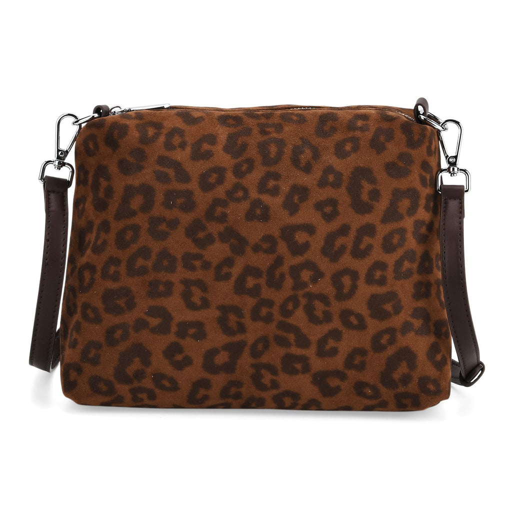 2er-Set Echtleder-Taschen, Shopper und Umhängetasche mit Leopardenmuster und unifarbenem Kontrast, Dunkelkaffee