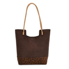 2er-Set Echtleder-Taschen, Shopper und Umhängetasche mit Leopardenmuster und unifarbenem Kontrast, Dunkelkaffee