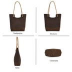 2er-Set Echtleder-Taschen, Shopper und Umhängetasche mit Leopardenmuster und unifarbenem Kontrast, Dunkelkaffee