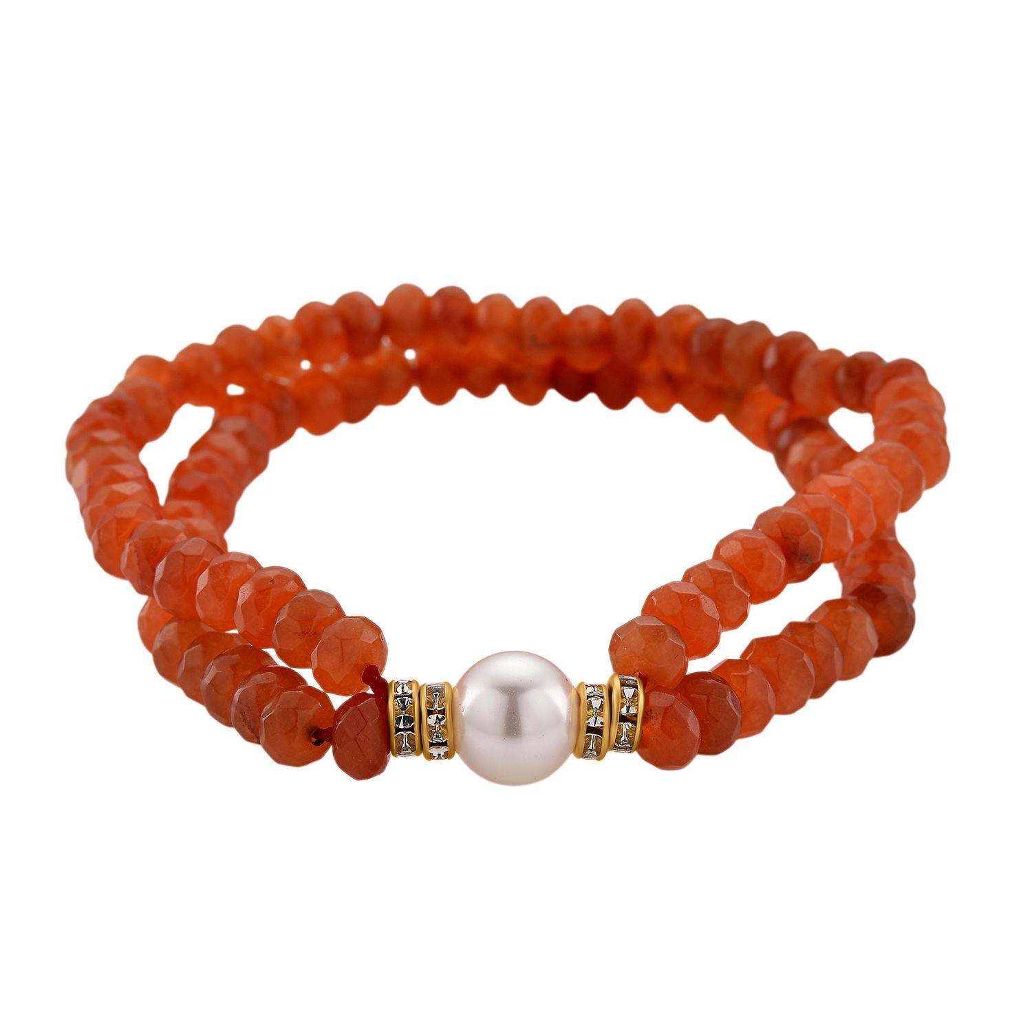 Weiße Muschelkernperle (9-11 mm) Armband mit Orangem Quarzit und Weißem Kristall, flexibel (18-19 cm), Goldfarben