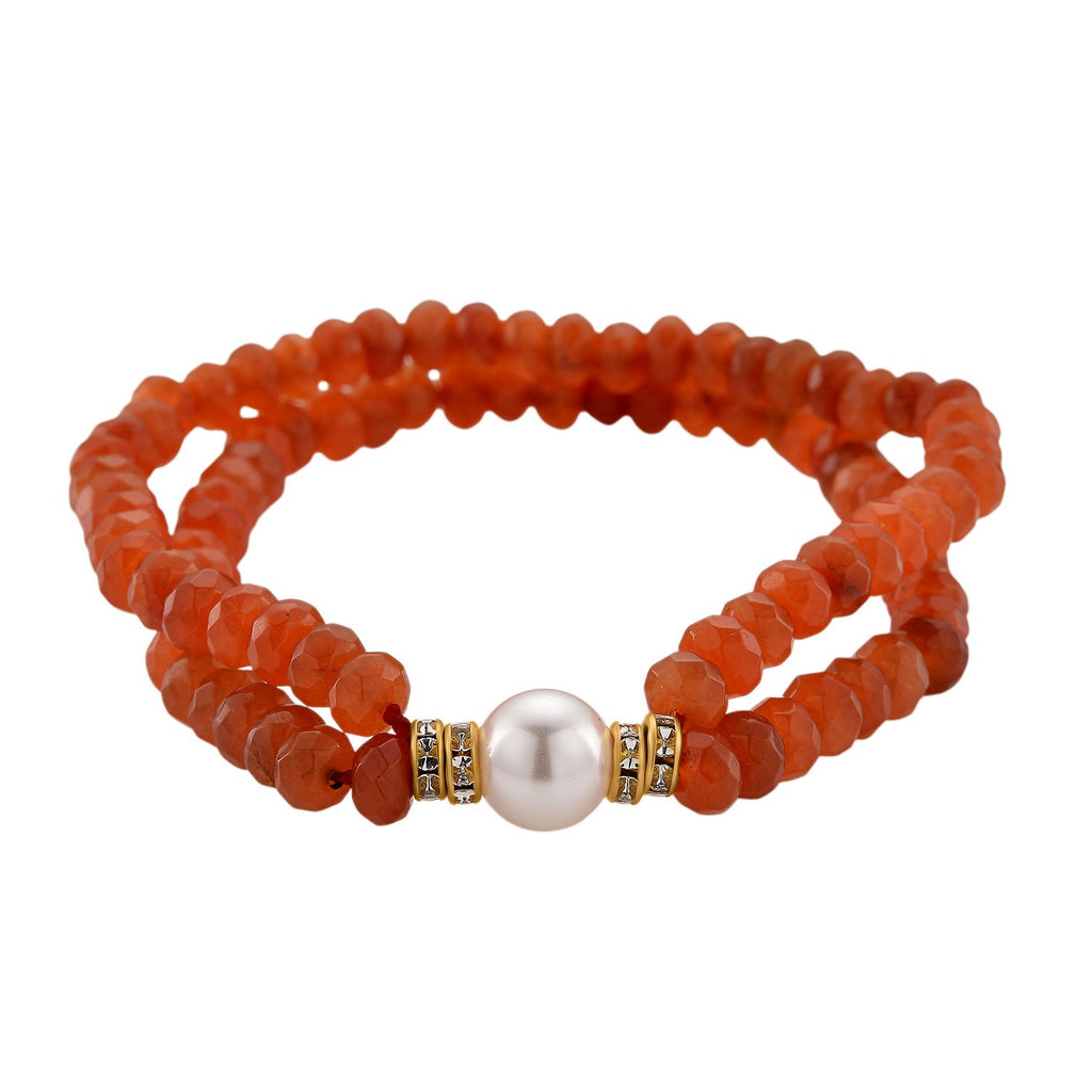 Weiße Muschelkernperle (9-11 mm) Armband mit Orangem Quarzit und Weißem Kristall, flexibel (18-19 cm), Goldfarben