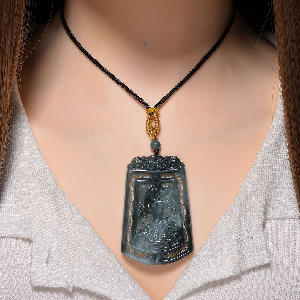 EXTREM SELTEN - Natürlicher Olmek Jadeit Geschnitzter Drache und Phönix Kette Flexibles cm ca. 130.00 ct