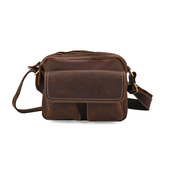 Echtleder-Crossbody-Tasche mit Überschlag und Mehrfachfächern, 25x8x18 cm, Khaki
