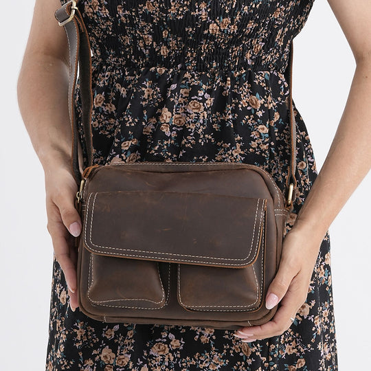 Echtleder-Crossbody-Tasche mit Überschlag und Mehrfachfächern, 25x8x18 cm, Khaki