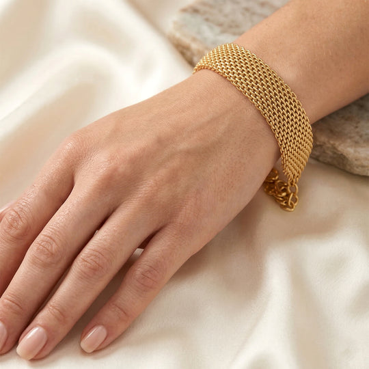 Cuff-Armband im Mesh-Design, Nickelfreies Messing, ca. 19 cm mit 5 cm extender, Goldfarben