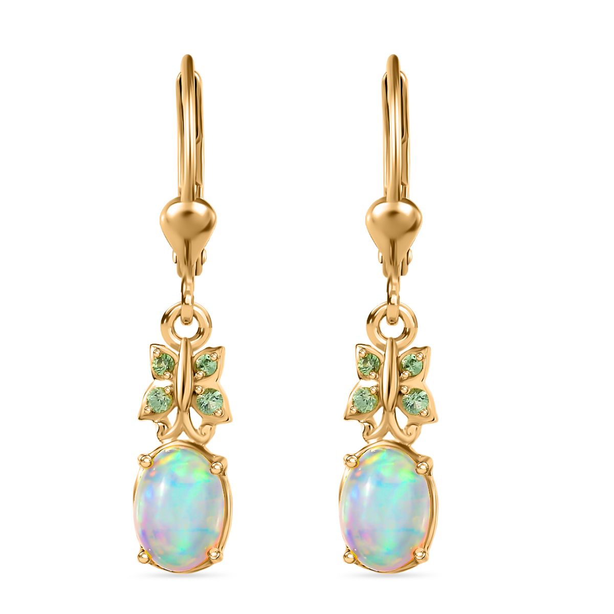 Natürlicher, äthiopischer Welo Opal, Tsavorite Granat Ohrringe 925 Silber vergoldet ca. 1.24 ct