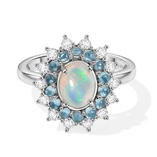 AA Natürlicher, äthiopischer Welo Opal, Weißer Zirkon Ring 925 Silber rhodiniert (Größe 20.00) ca. 2,28 ct