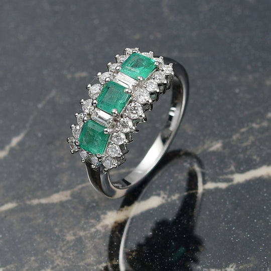 Smaragd, Moissanit Ring 925 Silber rhodiniert (Größe 19.00) ca. 1,62 ct
