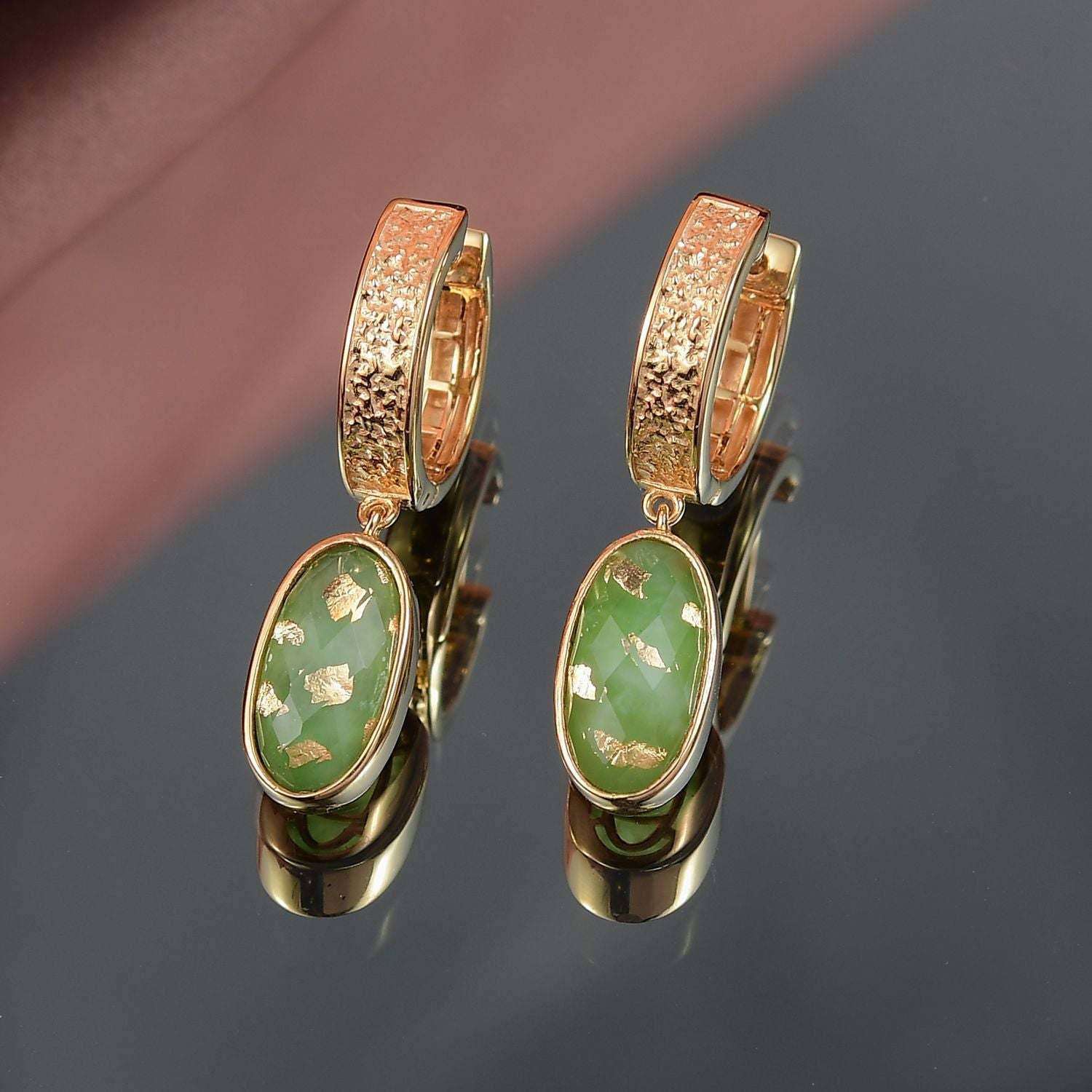 SHOPLC EXKLUSIV D'Joy Grün Blattgold-Quarz Ohrringe 925 Silber 750 Gelbgold Vermeil ca. 8.10 ct