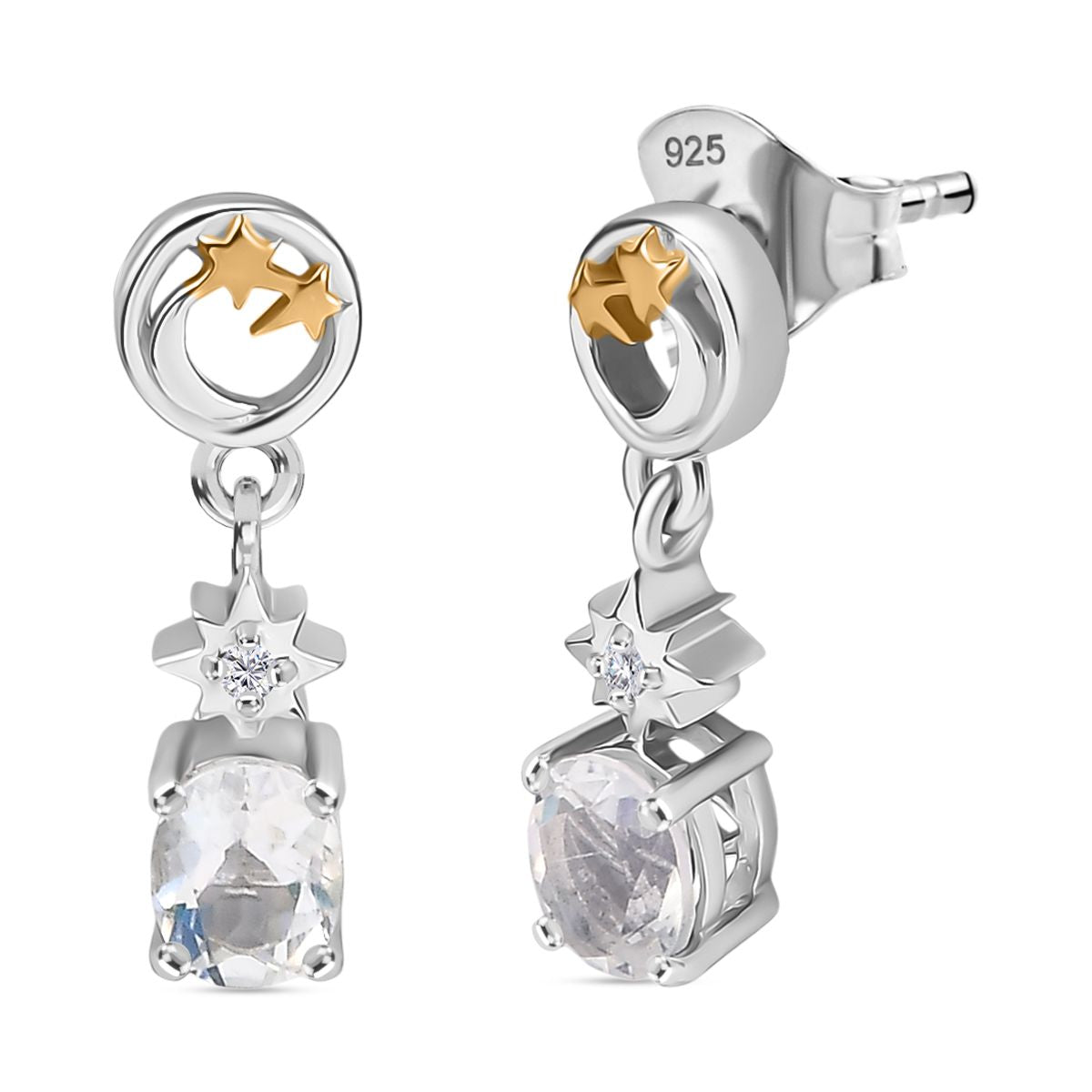 D joy AAA Premium Malagasy Mondstein, Weißer Zirkon Celestial Echoes Ohrringe 925 Silber Zweifarbige Beschichtung ca. 0.76 ct