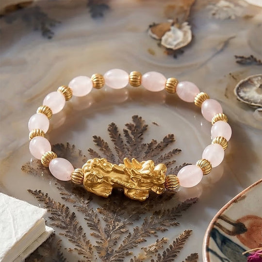 Rosenquarz Pixiu Armband, flexibel (ca. 18 - 19 cm), gelb vergoldet ca. 35.00 ct