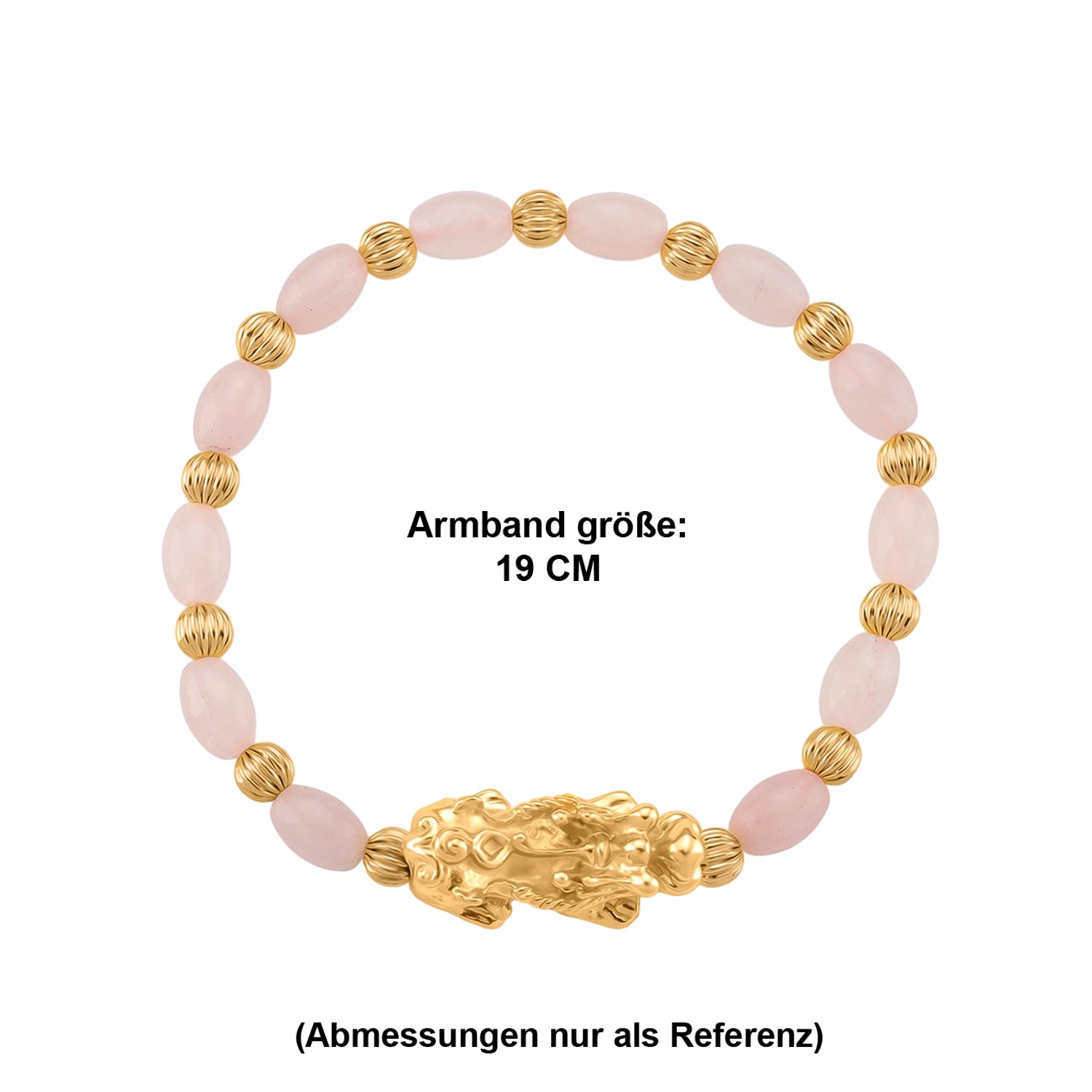Rosenquarz Pixiu Armband, flexibel (ca. 18 - 19 cm), gelb vergoldet ca. 35.00 ct