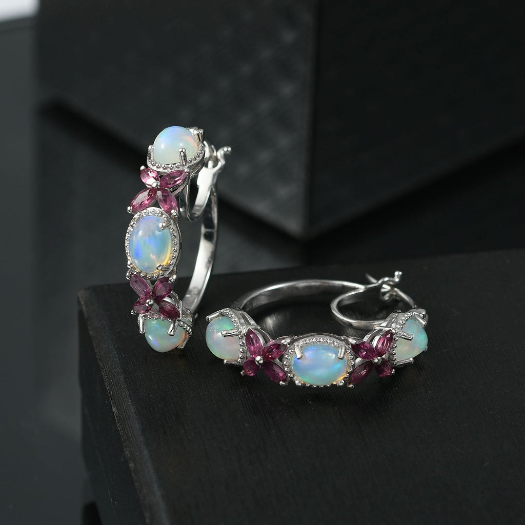 Petals of Dawn - D joy Natürlicher, äthiopischer Welo Opal, Rhodolith Granat Ohrringe 925 Silber rhodiniert ca. 5,06 ct.