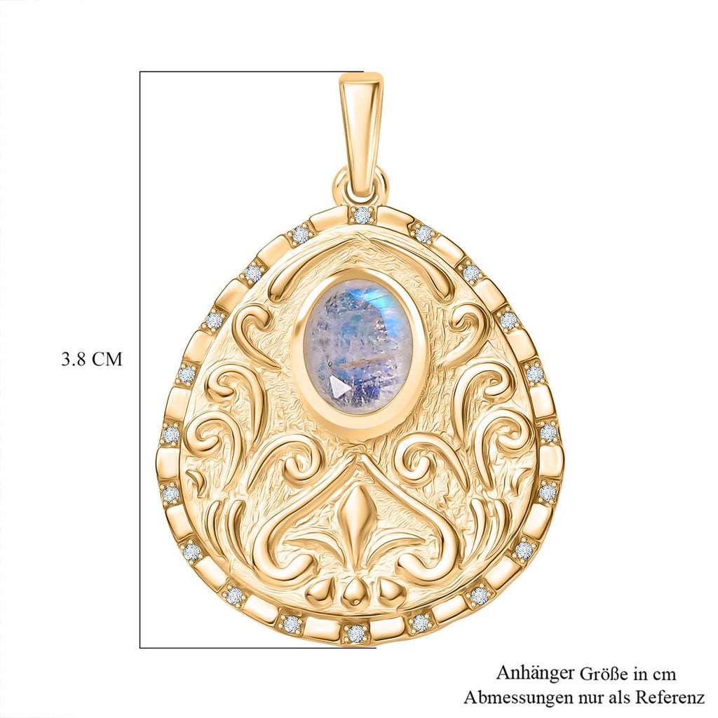 Regenbogen Mondstein, Weißer Zirkon Anhänger Messing E-Überzug Gelb Gold ca. 1,98 ct.